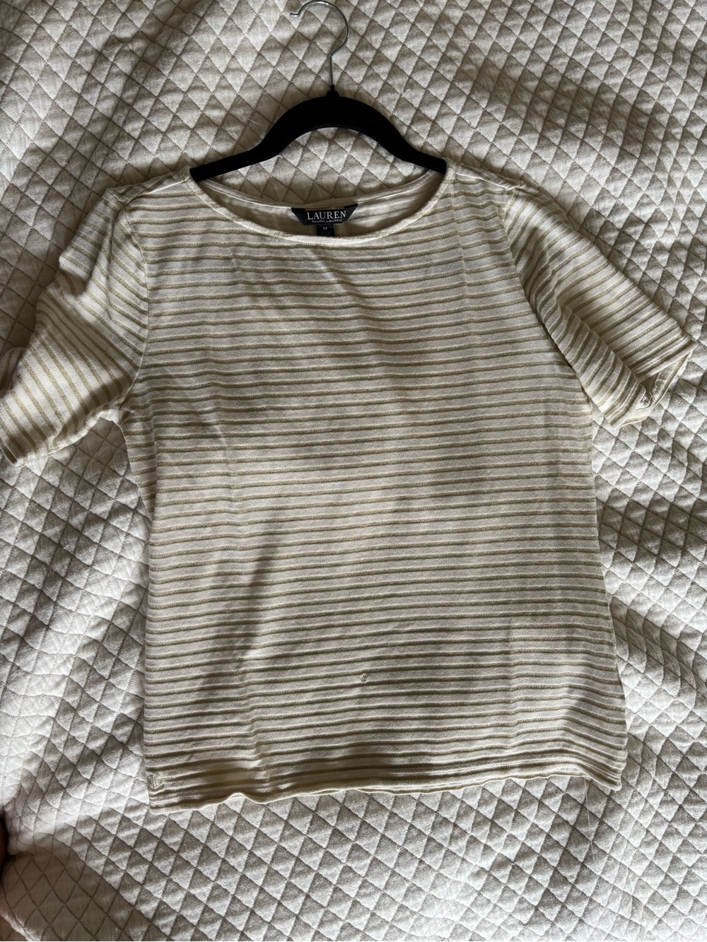 Lauren Ralph Lauren Cream and Gold Stripe Short Sleeve Top
